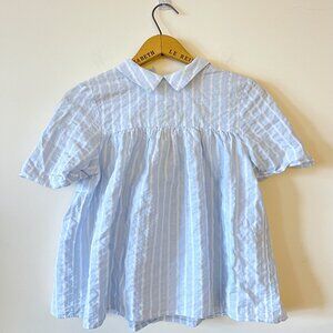 Zara Chambray Striped Short Sleeve Blouse with Tie Back_Size Small